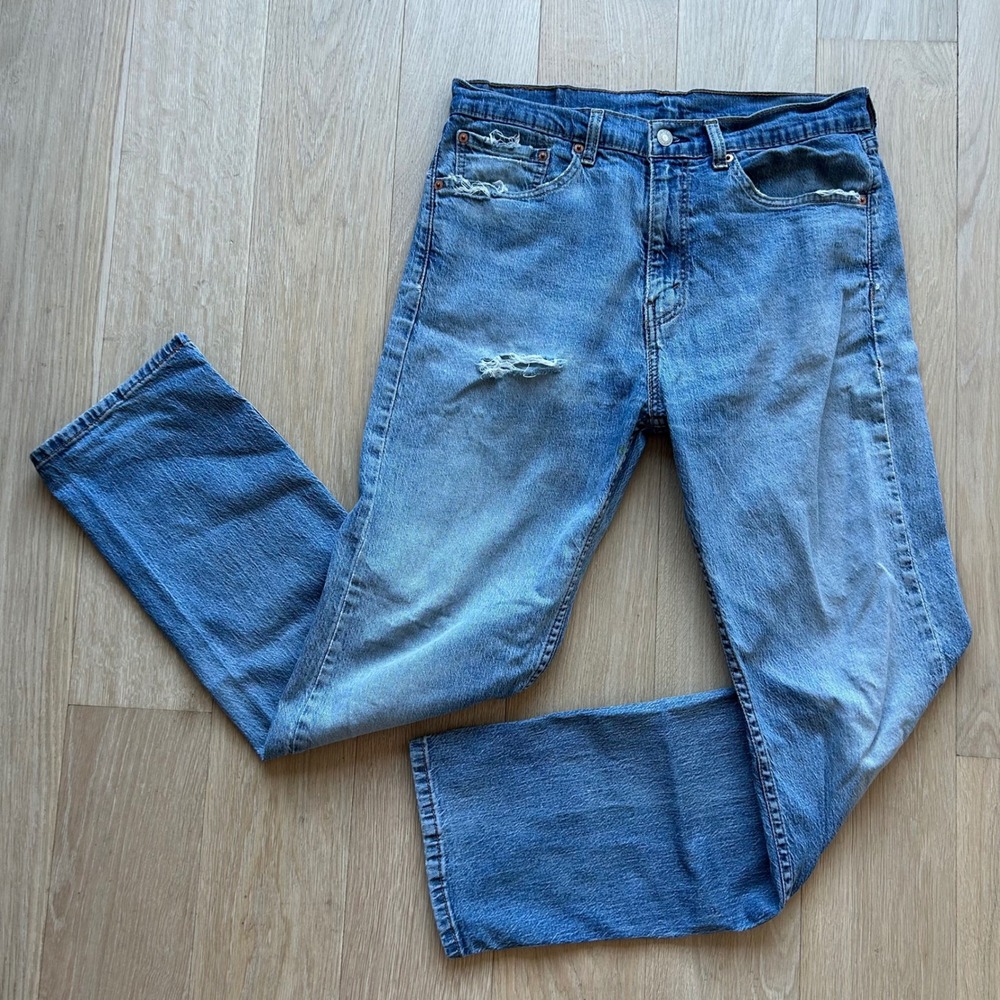 Levi's 505 Regular Fit Jeans Mens 34x30 Blue Distressed Straight Leg Denim‎